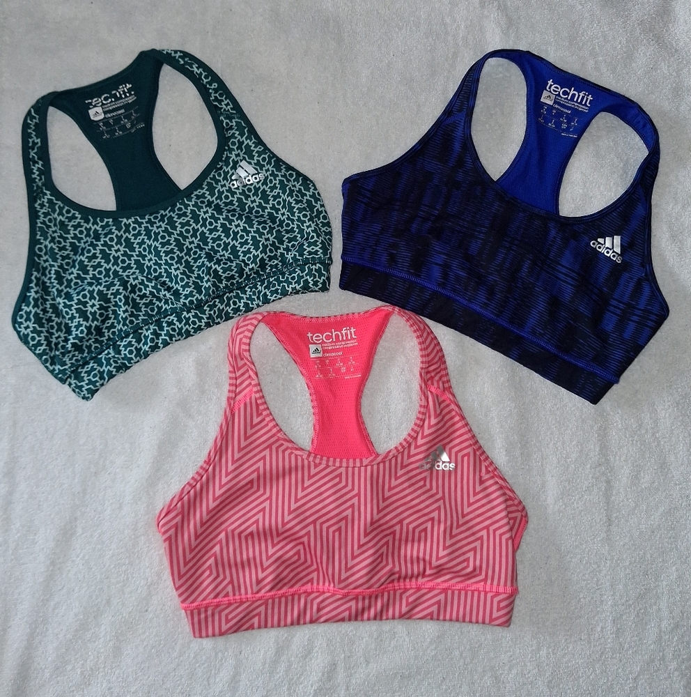 Adidas Techfit Set of 3 Sports Bras in Blue, Green, & Pink Womens Size Small
